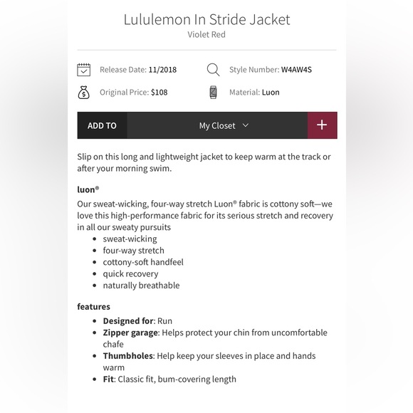 Lululemon Instride Jacket Size 4 Violet Red - Picture 2 of 2